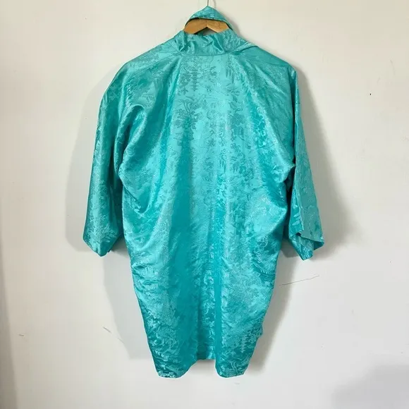 Vintage Kimono Turquoise Silver Silk Jacquard Short Robe Joli Made In Japan S/M