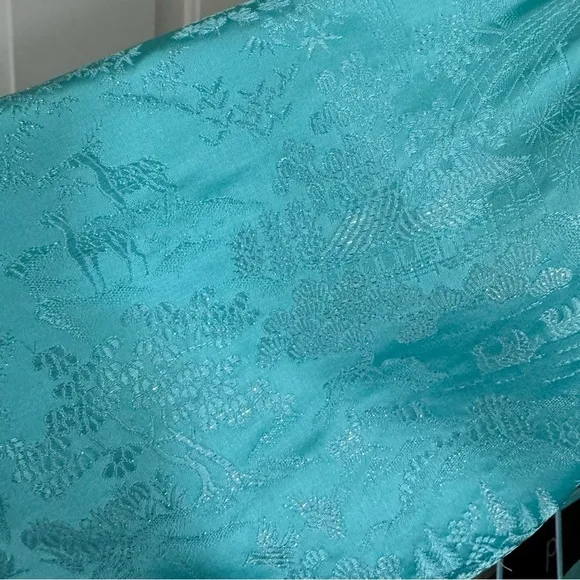 Vintage Kimono Turquoise Silver Silk Jacquard Short Robe Joli Made In Japan S/M