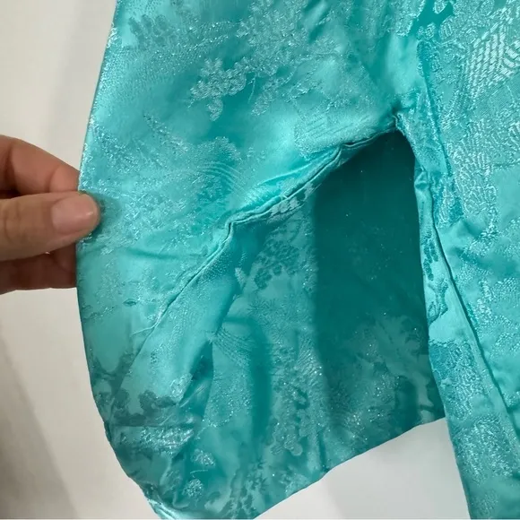 Vintage Kimono Turquoise Silver Silk Jacquard Short Robe Joli Made In Japan S/M