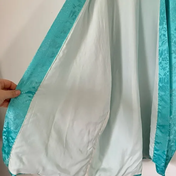 Vintage Kimono Turquoise Silver Silk Jacquard Short Robe Joli Made In Japan S/M