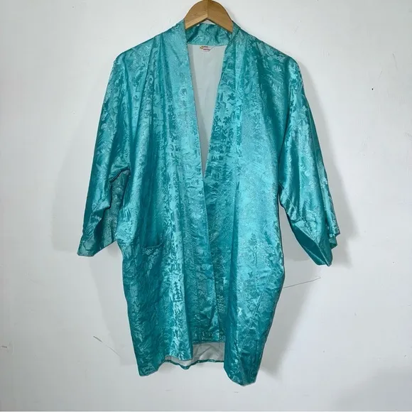 Vintage Kimono Turquoise Silver Silk Jacquard Short Robe Joli Made In Japan S/M