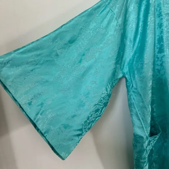 Vintage Kimono Turquoise Silver Silk Jacquard Short Robe Joli Made In Japan S/M