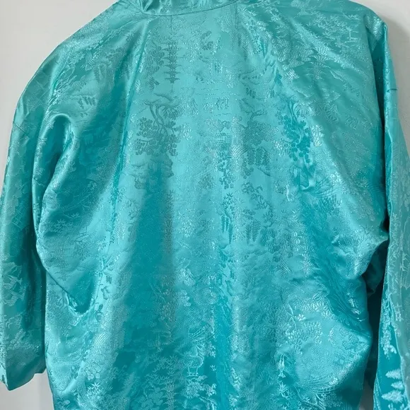 Vintage Kimono Turquoise Silver Silk Jacquard Short Robe Joli Made In Japan S/M
