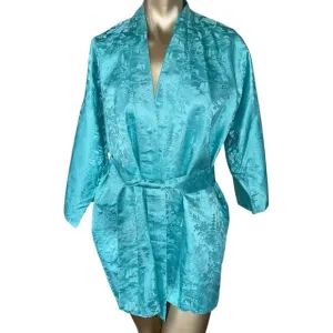 Vintage Kimono Turquoise Silver Silk Jacquard Short Robe Joli Made In Japan S/M