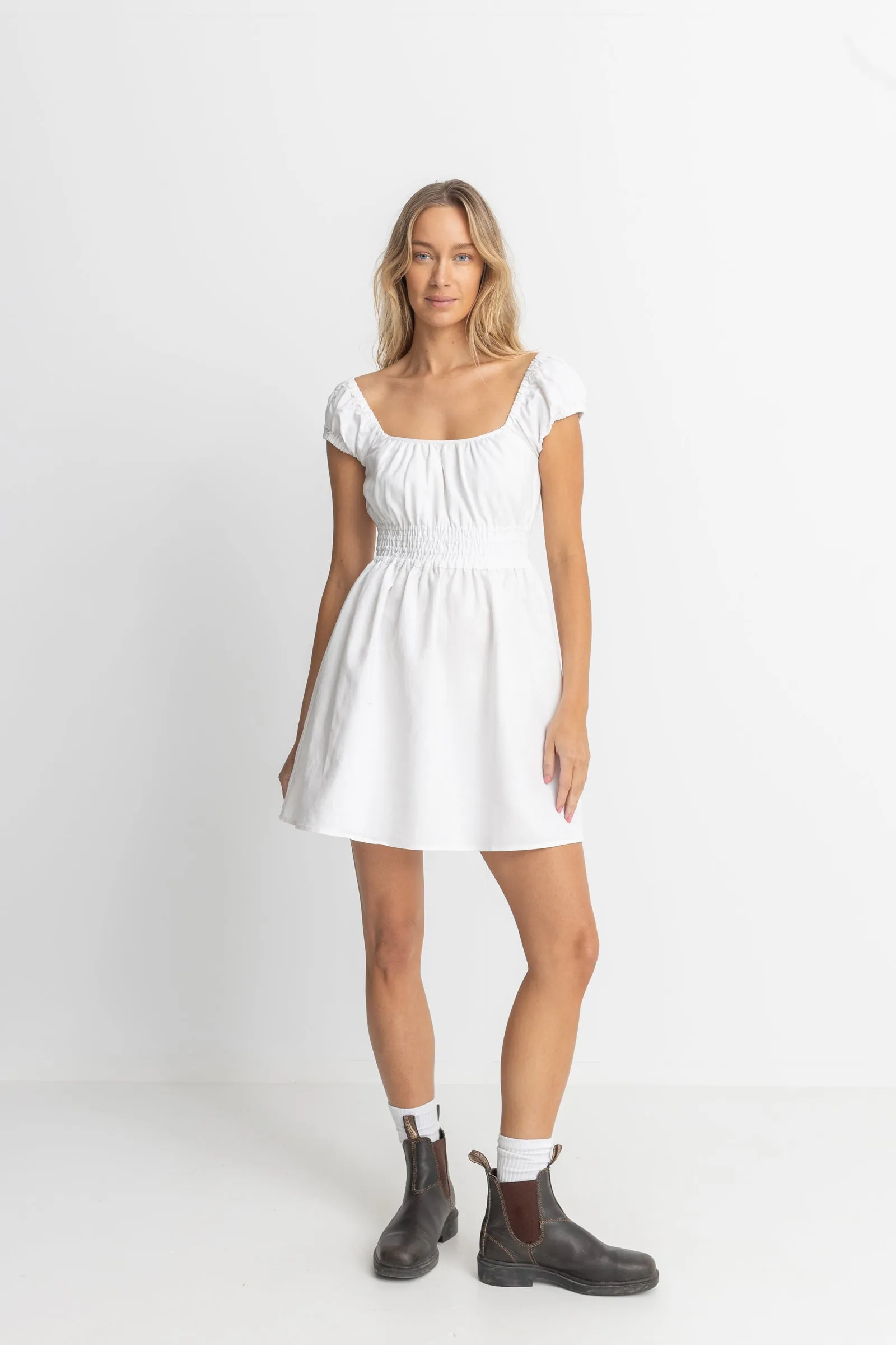 WASHED OUT CAP SLEEVE MINI DRESS - WHITE
