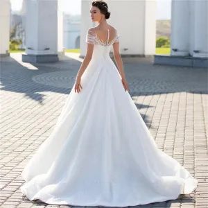 Wedding Dress For Bride Elegant Glitter Lace A-Line Bridal Gown Illusion Pleats