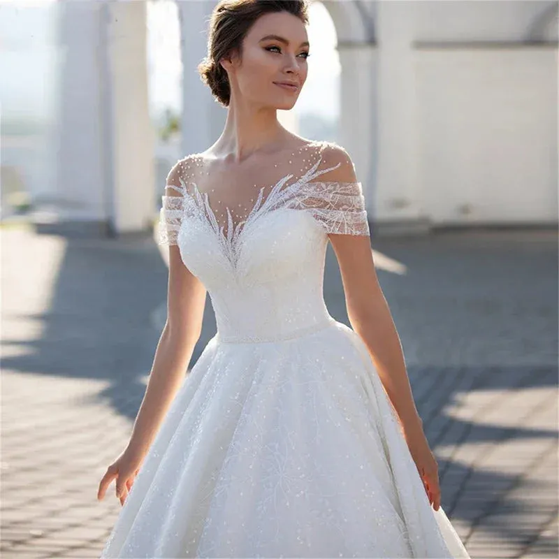 Wedding Dress For Bride Elegant Glitter Lace A-Line Bridal Gown Illusion Pleats