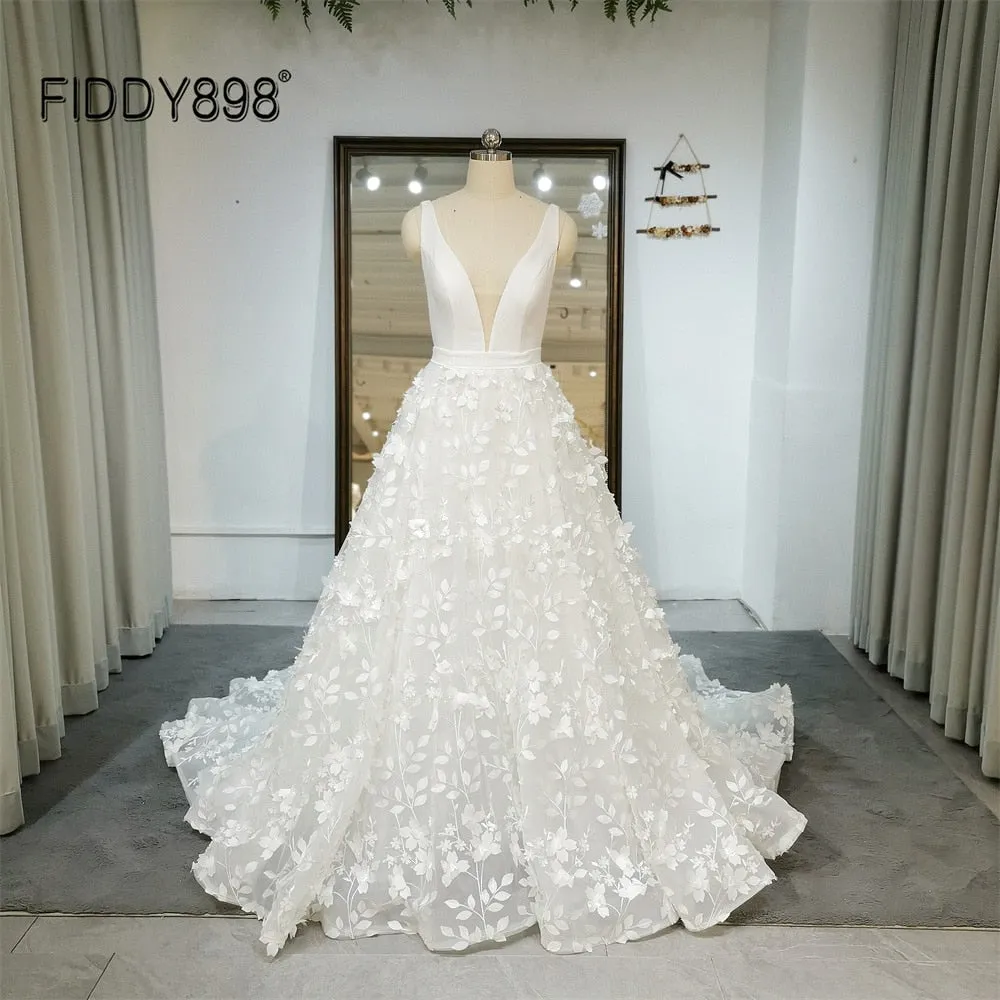 Wedding Dresses 3D Flowers Lace Bridal Gowns Elegant Bridal Wear