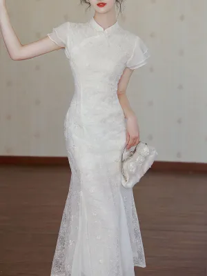 White Lace Ruffle Sleeve Sequined Fishtail Cheongsam Fishtail Wedding Dress