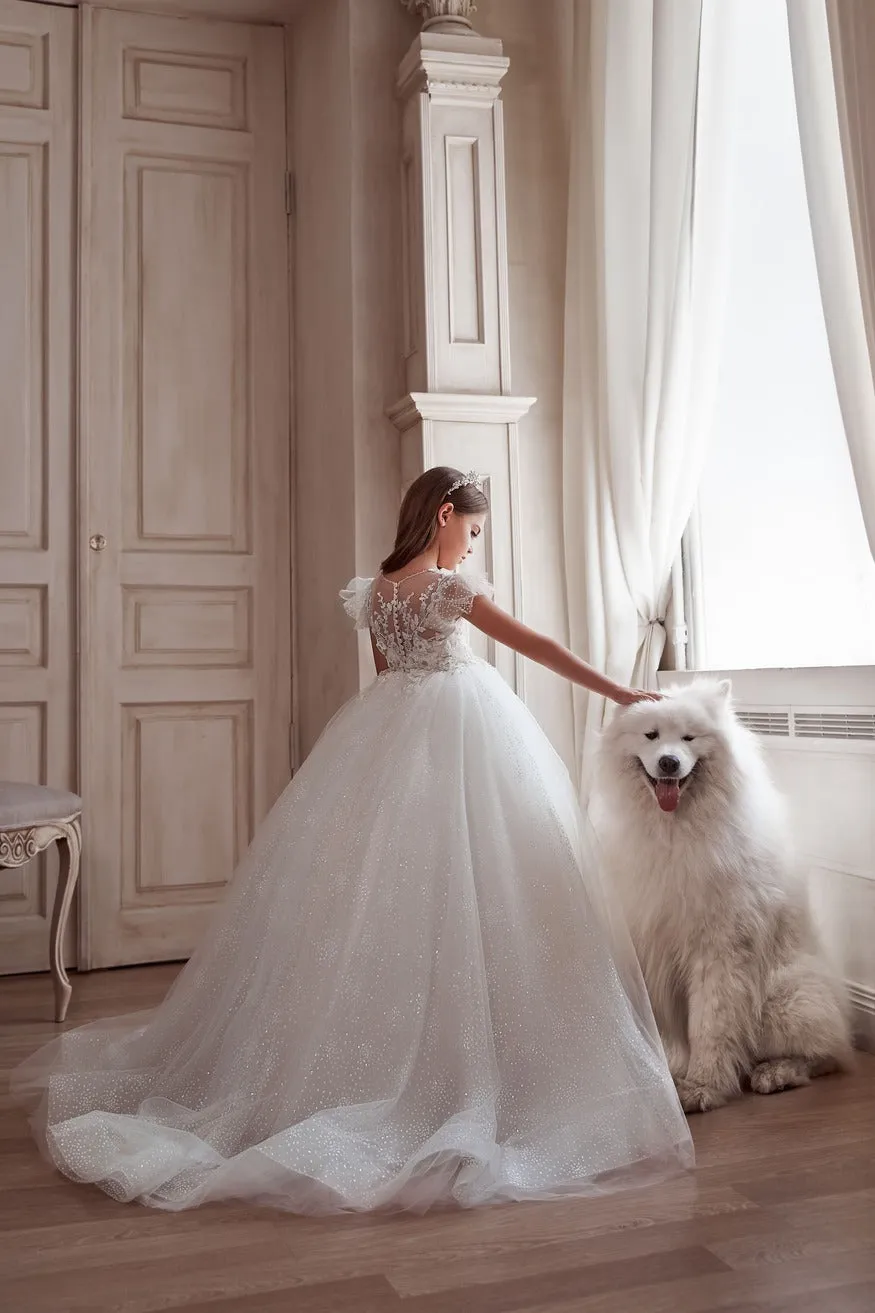 White Long Lace Dress in Sparkly White Tulle