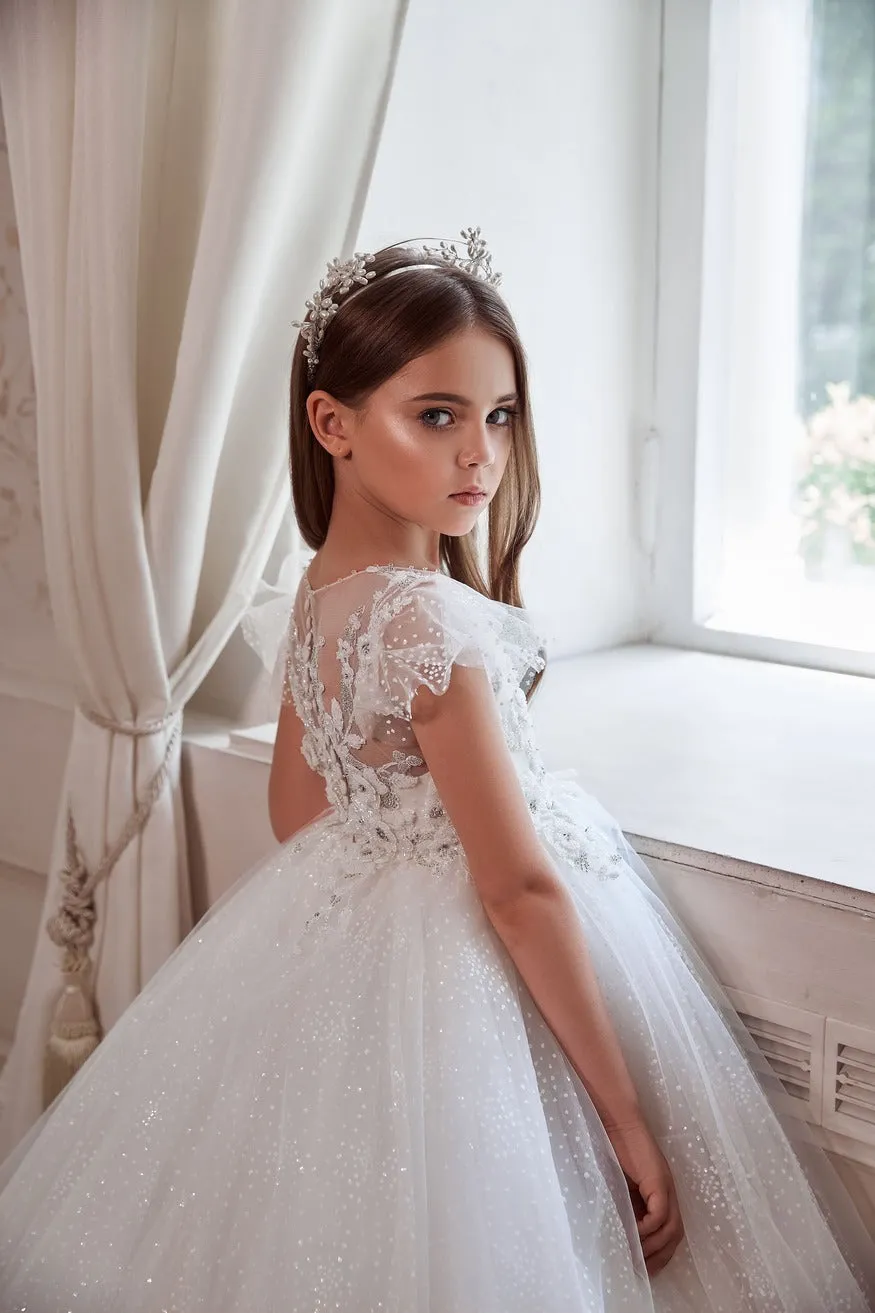 White Long Lace Dress in Sparkly White Tulle