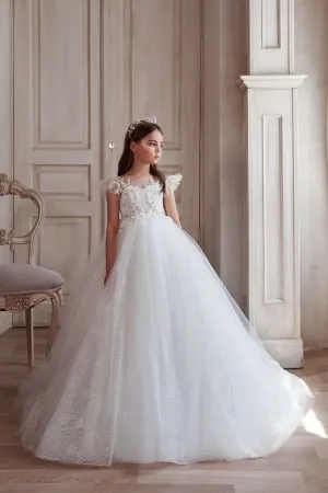 White Long Lace Dress in Sparkly White Tulle