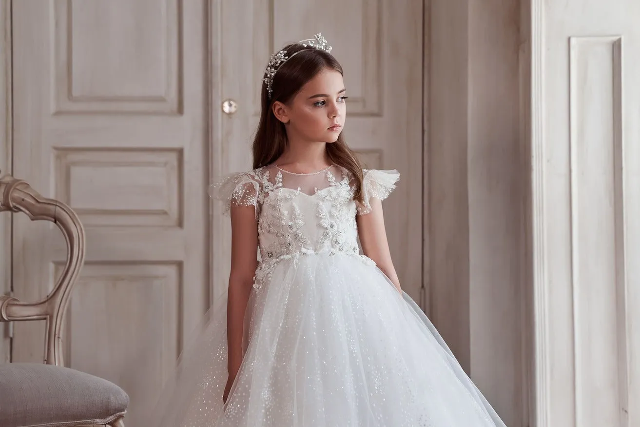 White Long Lace Dress in Sparkly White Tulle