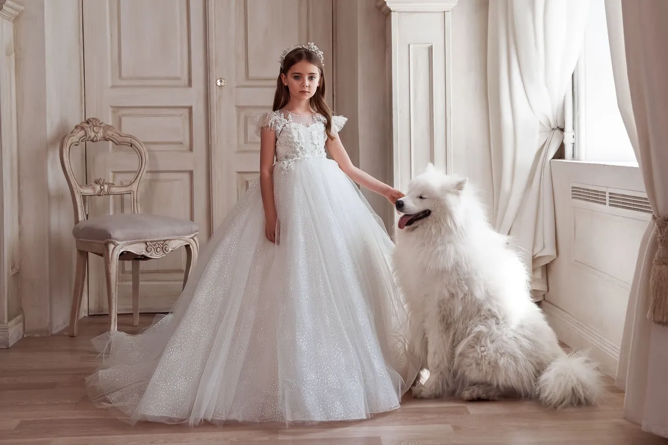 White Long Lace Dress in Sparkly White Tulle