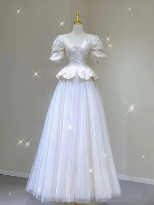 White Satin V Neck Short Sleeve Long Prom Dress    fg3842