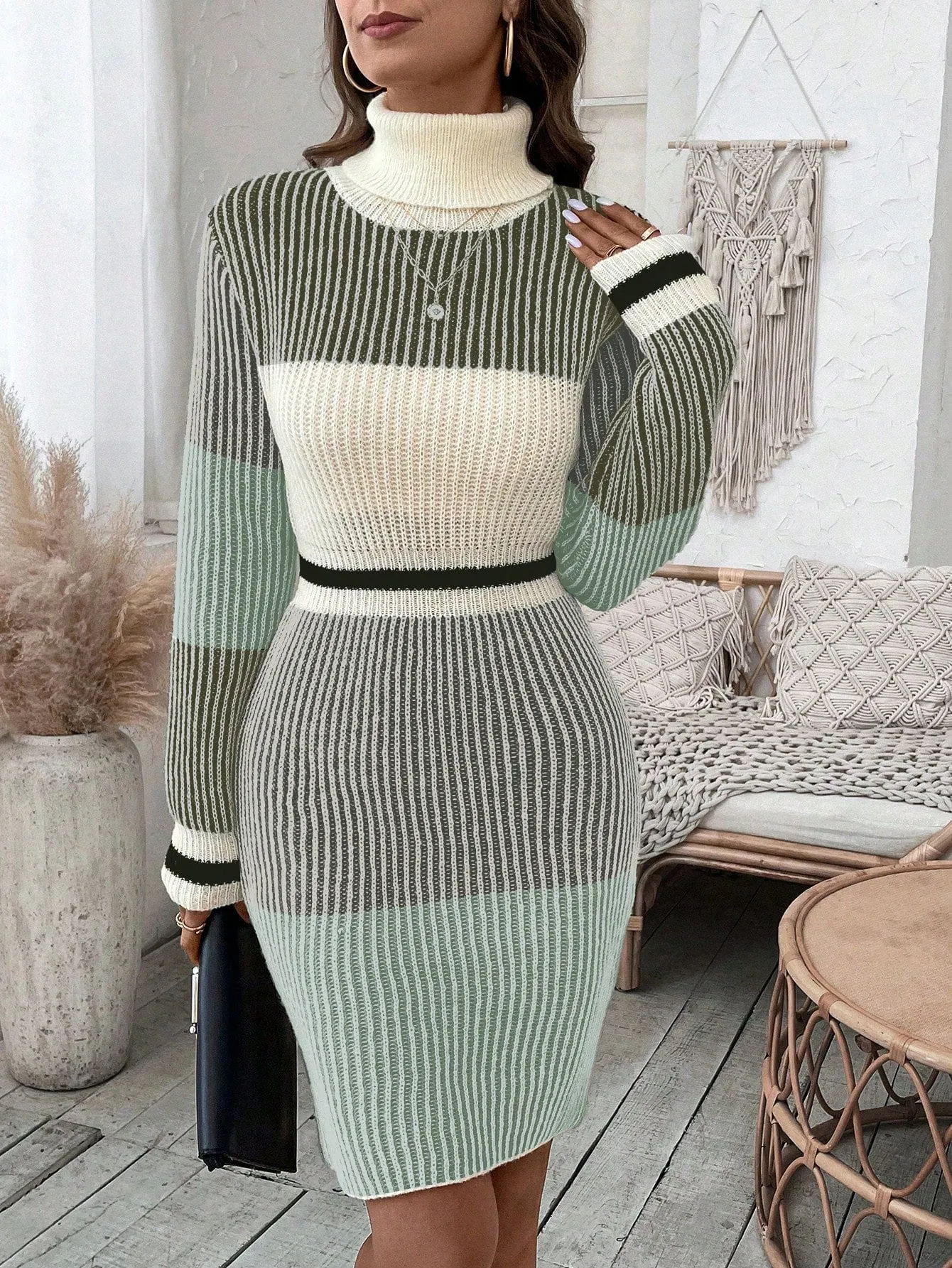 Women's Colorblock High Neck Sweater Dress