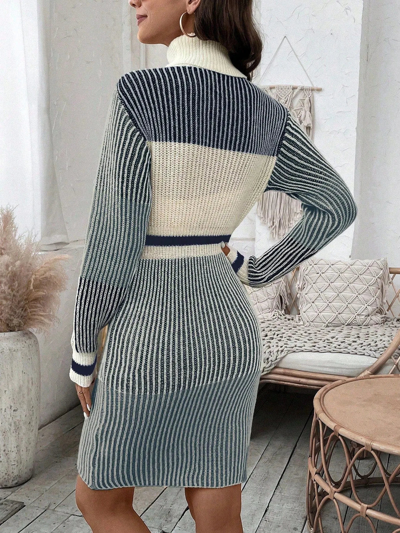 Women's Colorblock High Neck Sweater Dress