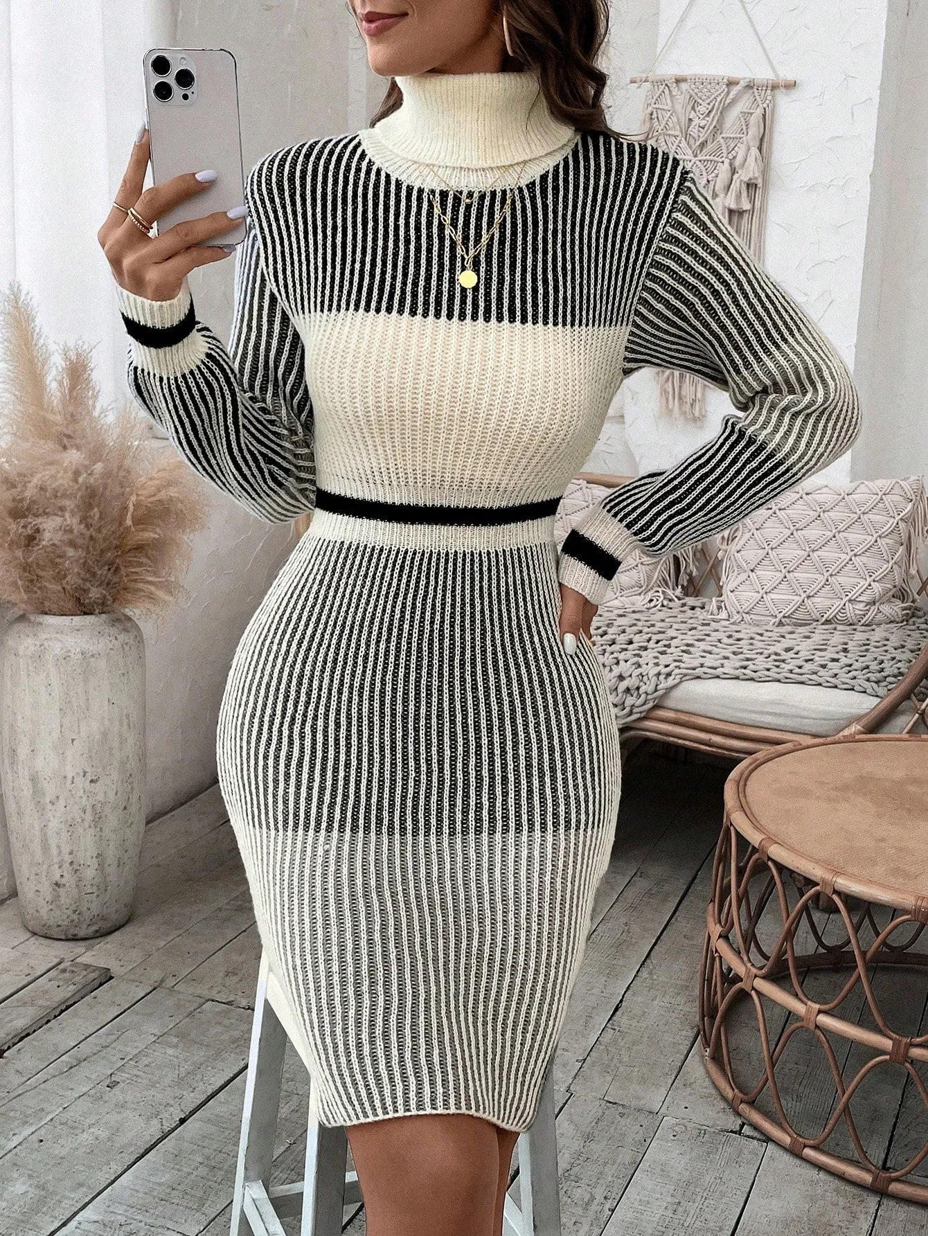 Women's Colorblock High Neck Sweater Dress