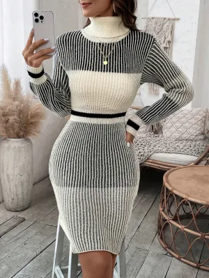 Women's Colorblock High Neck Sweater Dress