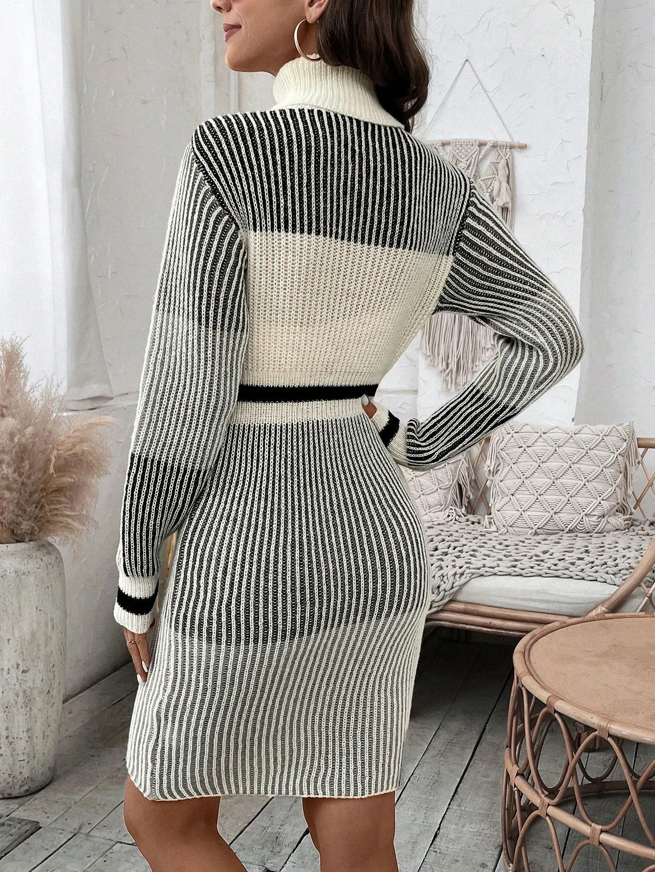 Women's Colorblock High Neck Sweater Dress