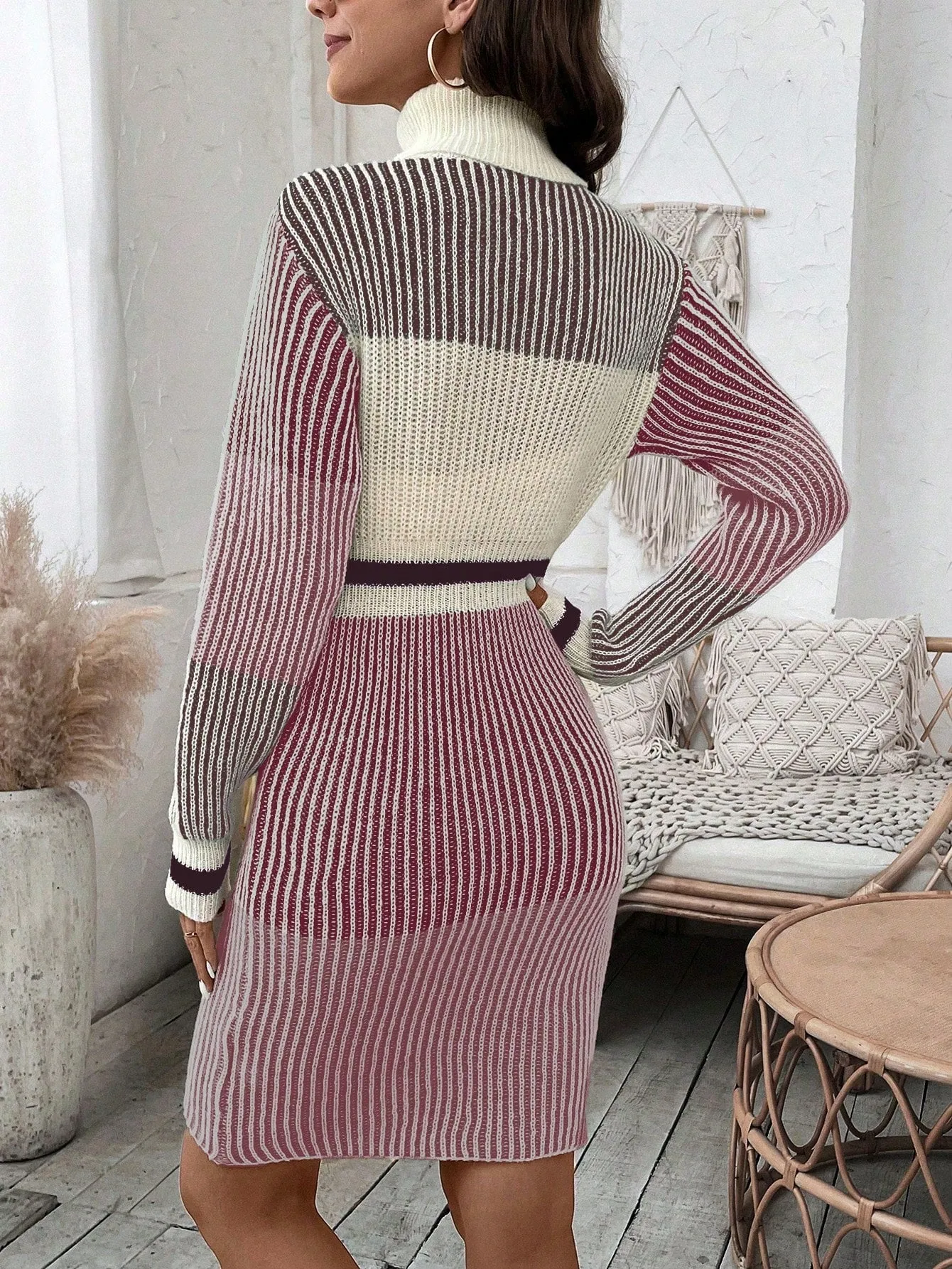 Women's Colorblock High Neck Sweater Dress