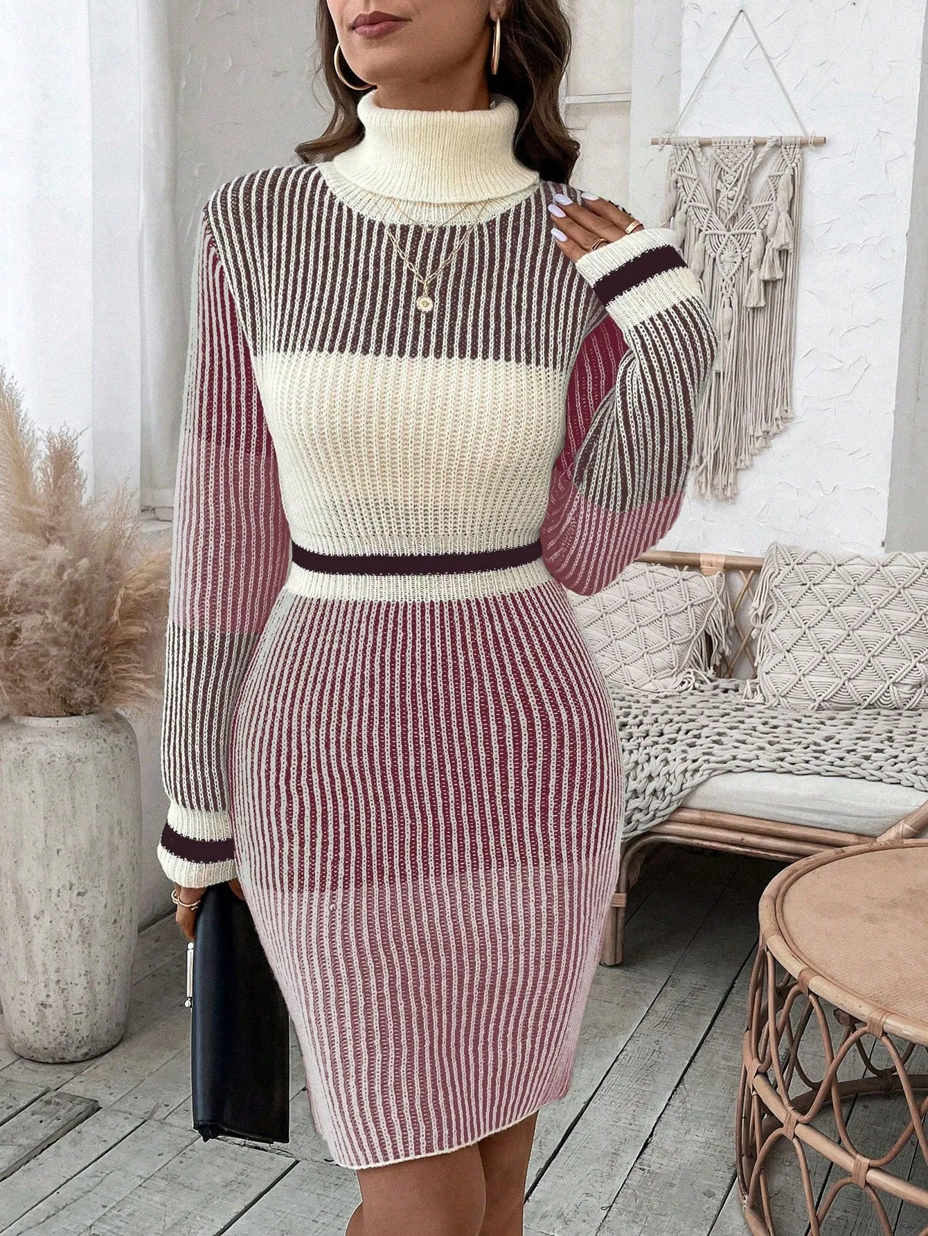 Women's Colorblock High Neck Sweater Dress