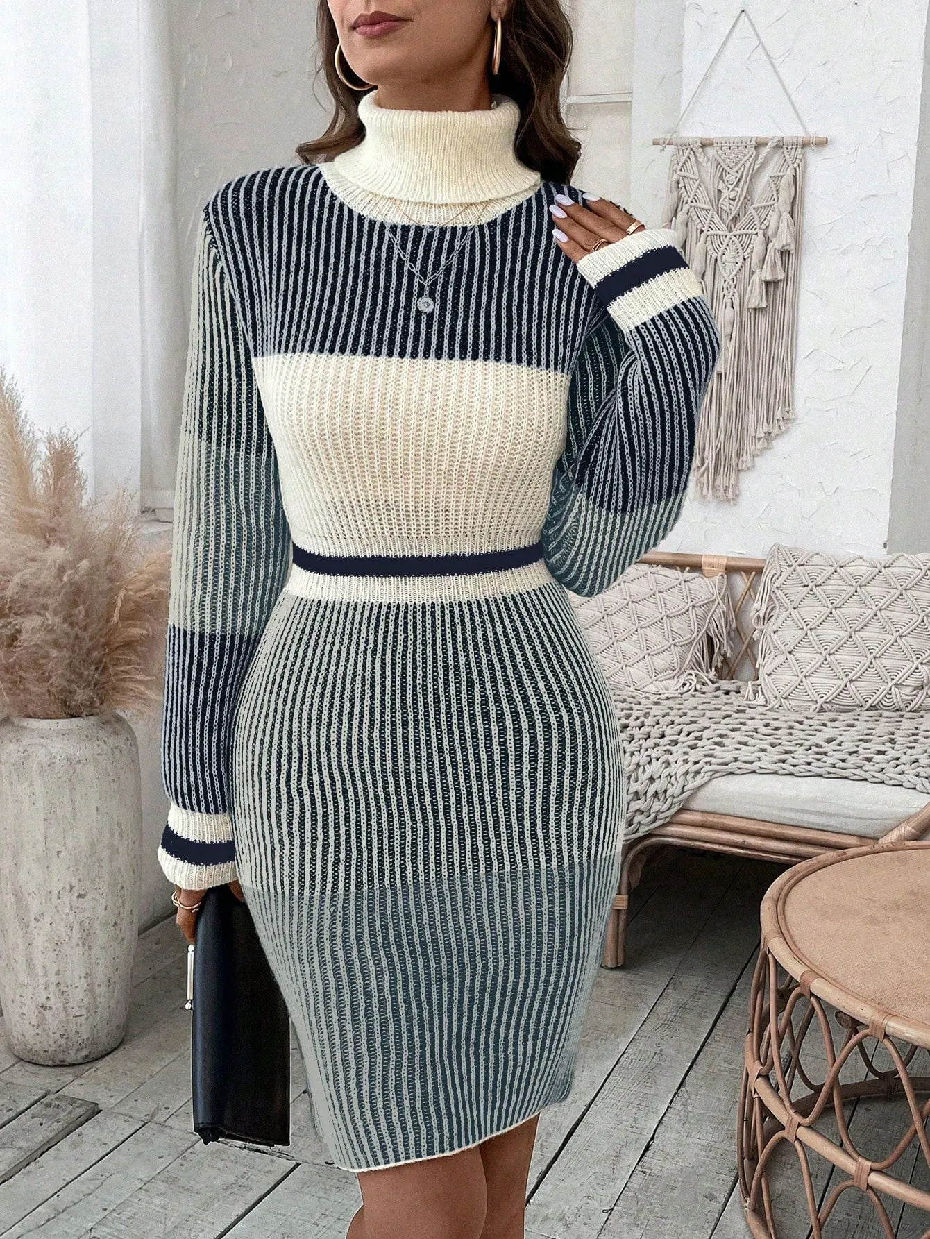 Women's Colorblock High Neck Sweater Dress