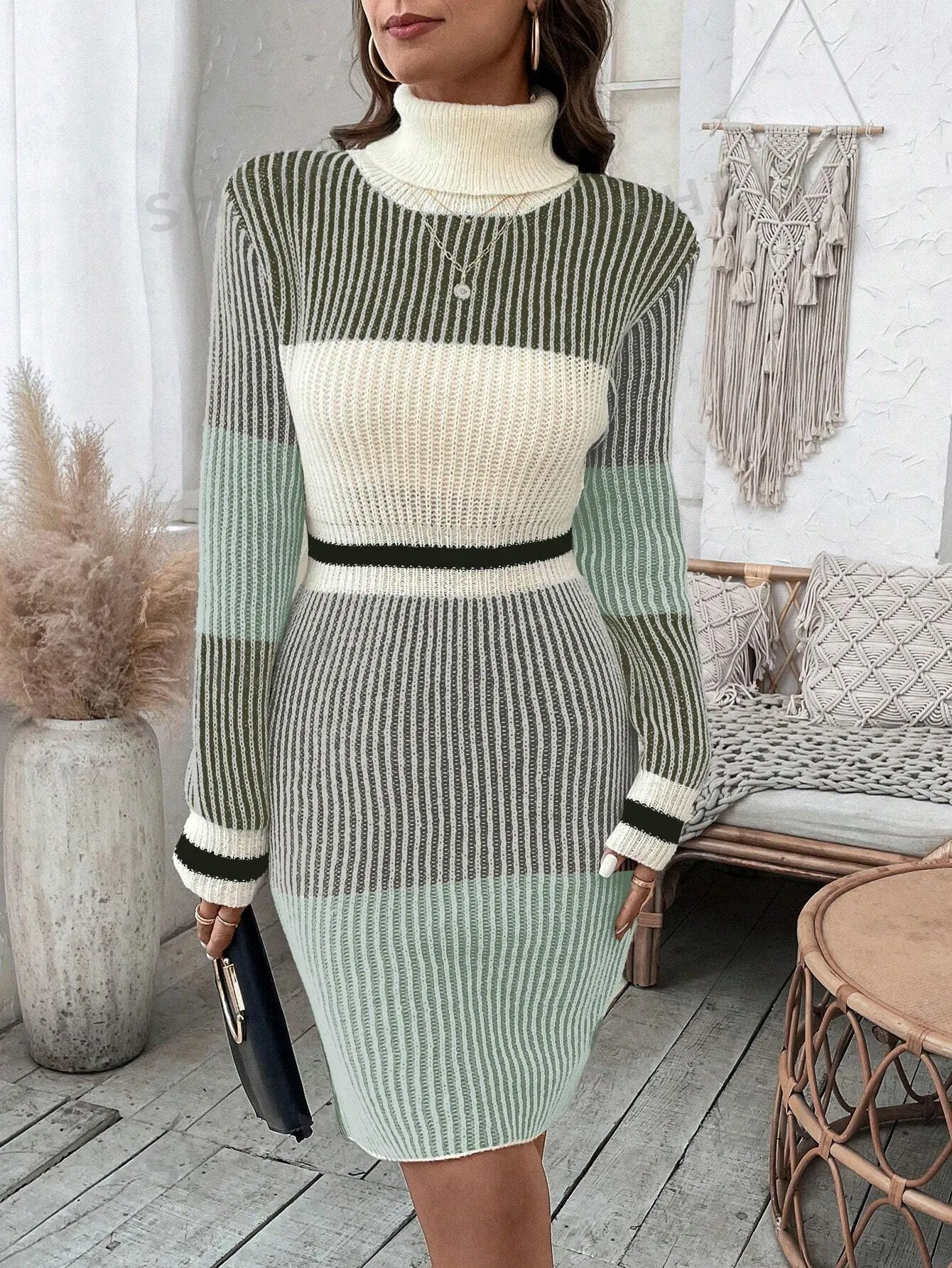 Women's Colorblock High Neck Sweater Dress
