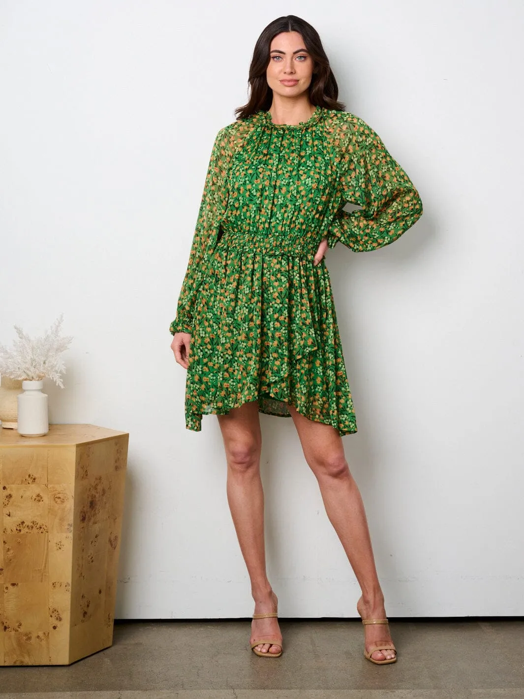 WOMEN'S LONG SLEEVE MOCK NECK SMOCK WAIST MINI DRESS