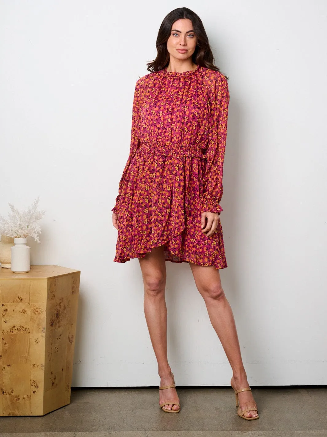 WOMEN'S LONG SLEEVE MOCK NECK SMOCK WAIST MINI DRESS