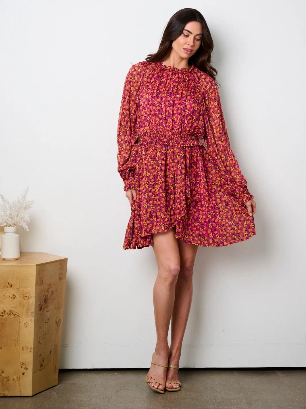 WOMEN'S LONG SLEEVE MOCK NECK SMOCK WAIST MINI DRESS