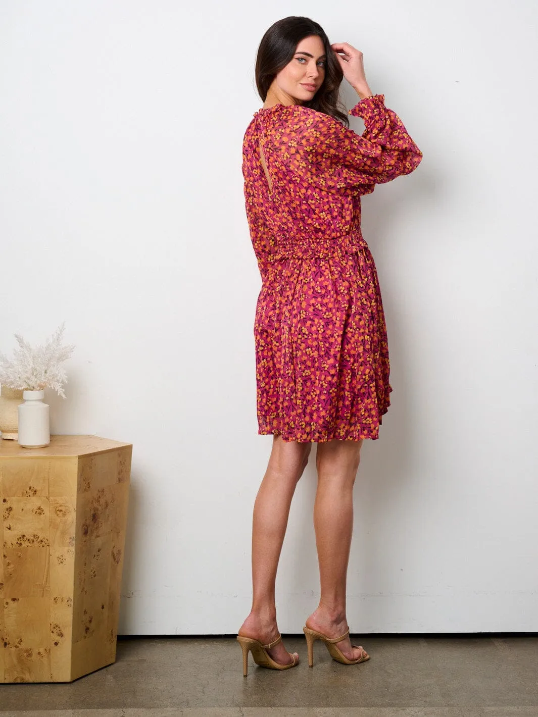 WOMEN'S LONG SLEEVE MOCK NECK SMOCK WAIST MINI DRESS