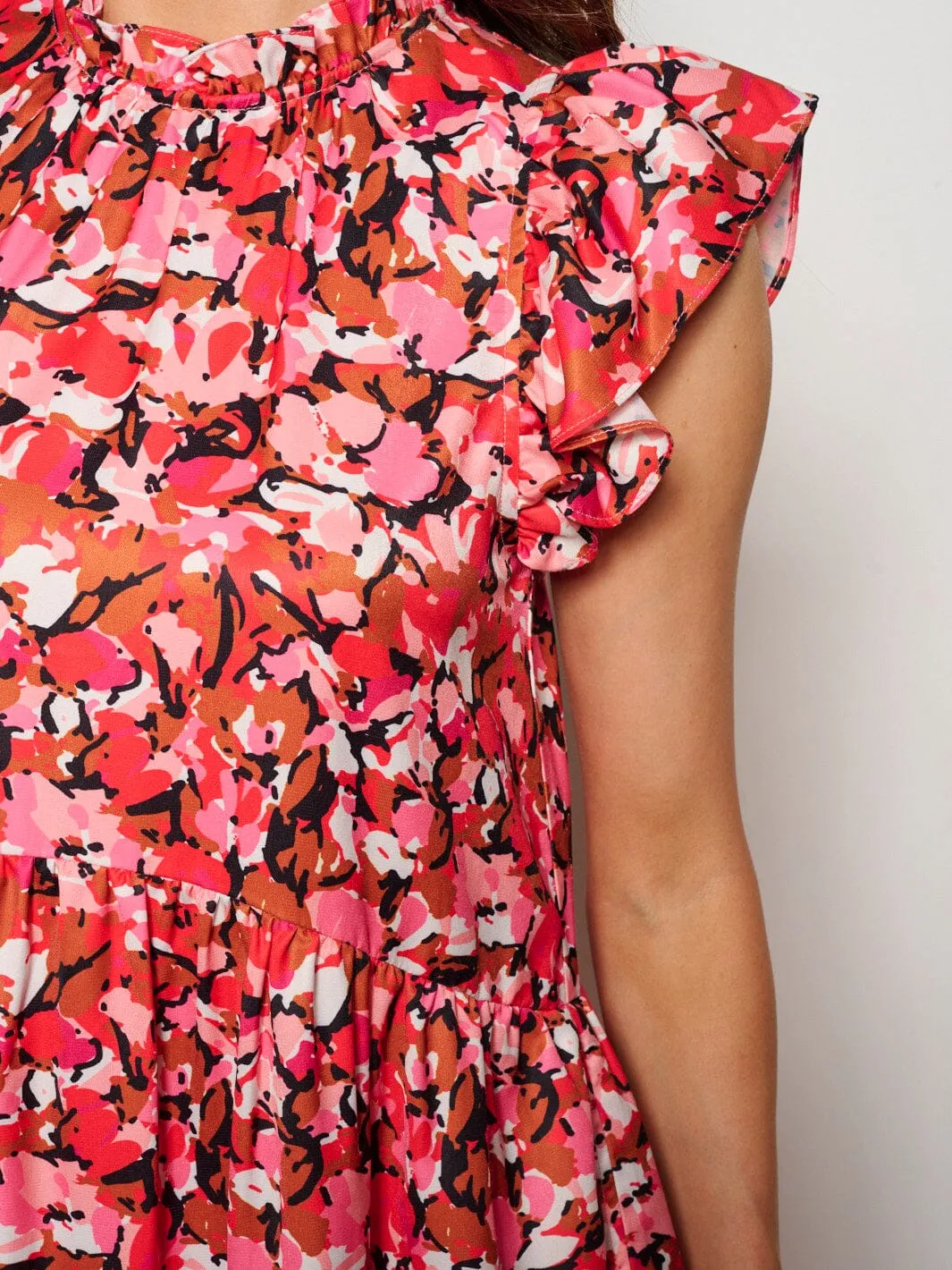 WOMEN'S RUFFLE SLEEVE MOCK NECK POCKETS FLORAL MIDI DRESS