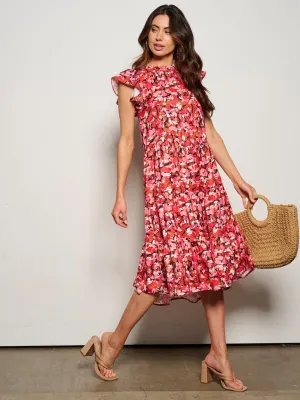 WOMEN'S RUFFLE SLEEVE MOCK NECK POCKETS FLORAL MIDI DRESS