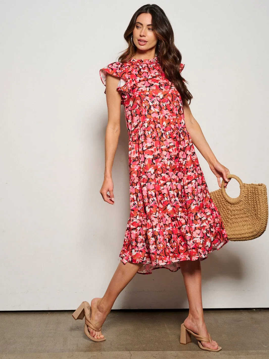 WOMEN'S RUFFLE SLEEVE MOCK NECK POCKETS FLORAL MIDI DRESS