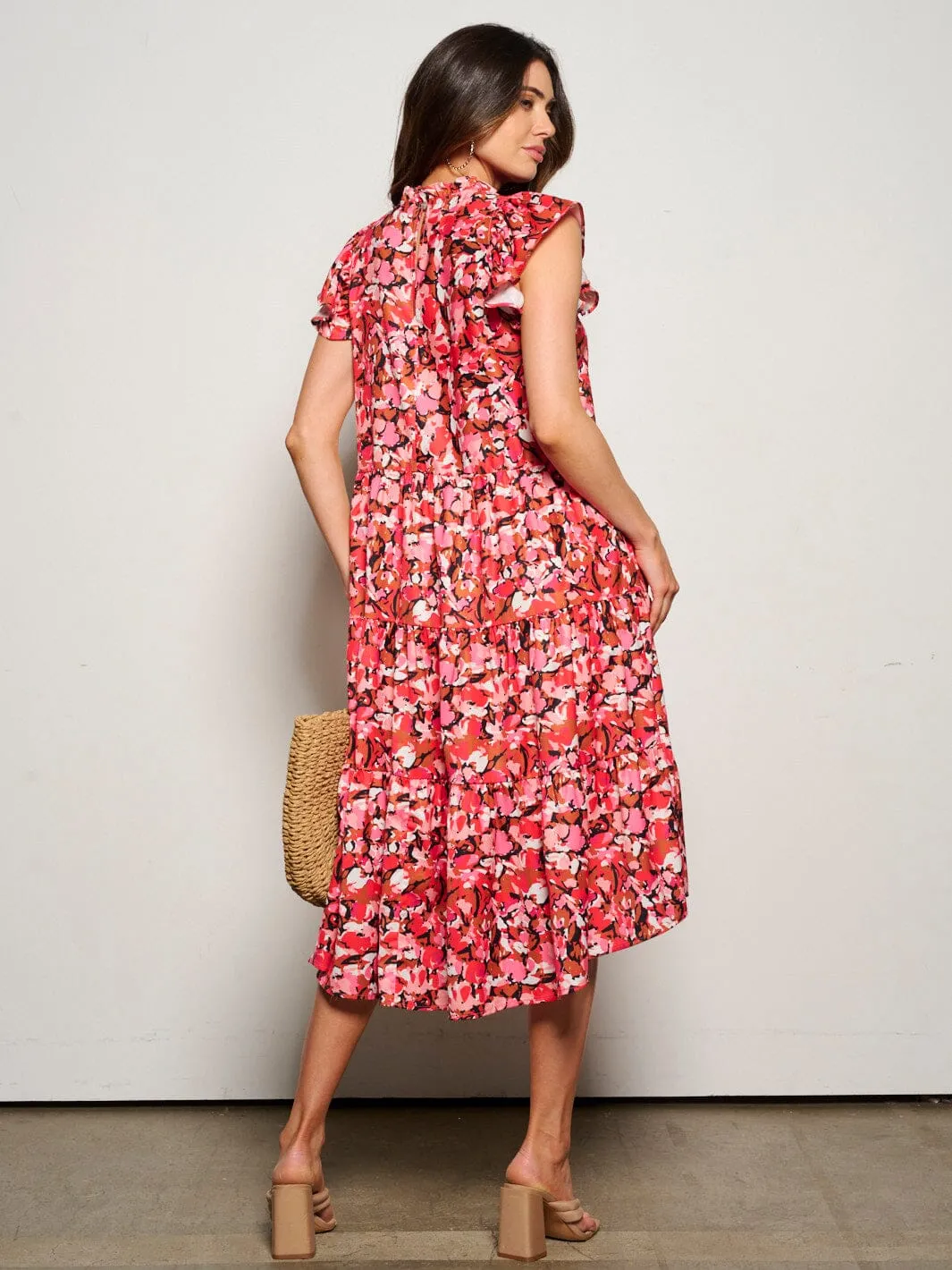 WOMEN'S RUFFLE SLEEVE MOCK NECK POCKETS FLORAL MIDI DRESS