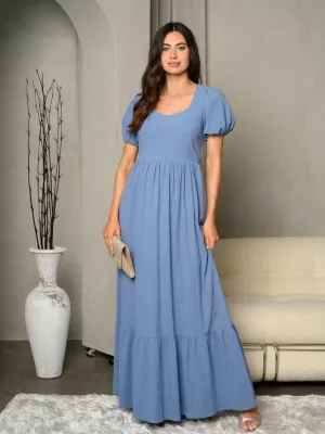 WOMEN'S SHORT PUFF SLEEVE BACK DETAILED MAXI DRESS