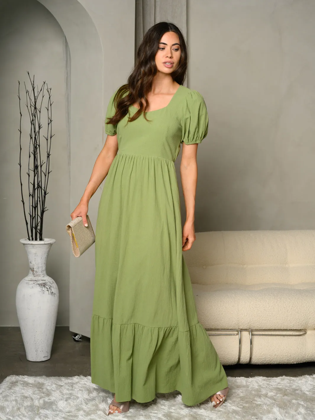 WOMEN'S SHORT PUFF SLEEVE BACK DETAILED MAXI DRESS