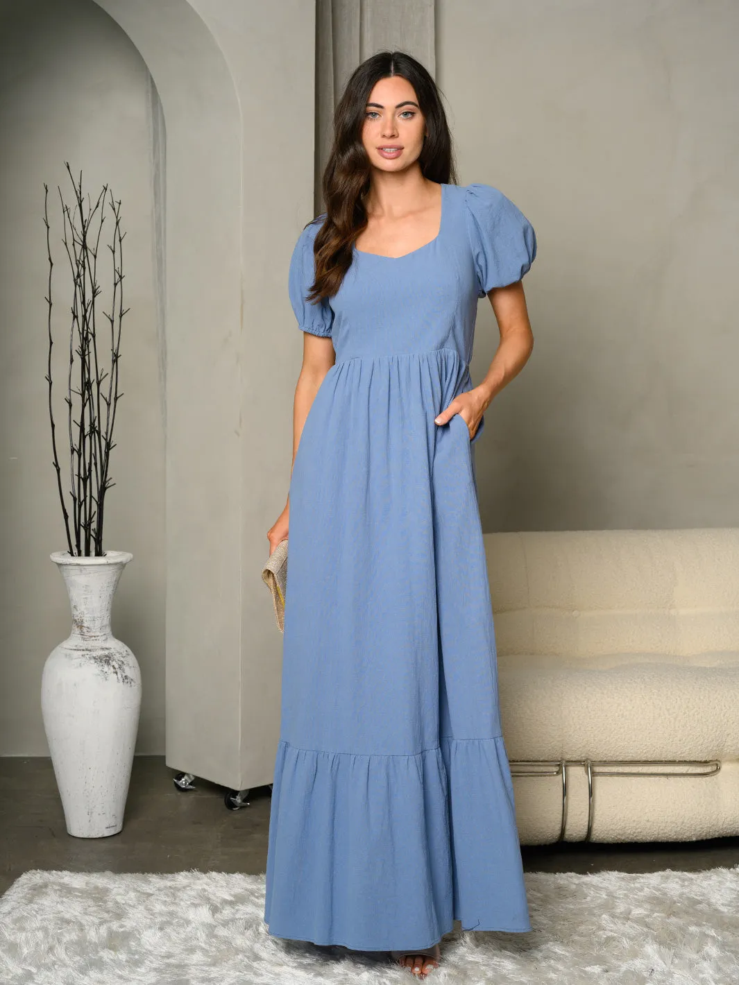 WOMEN'S SHORT PUFF SLEEVE BACK DETAILED MAXI DRESS