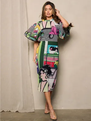 WOMEN'S SHORT PUFF SLEEVE BODYCON MULTI PRINT MIDI DRESS