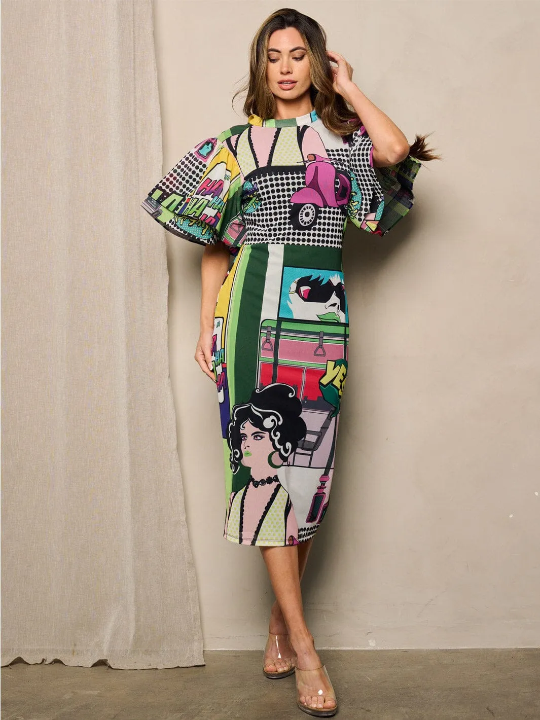 WOMEN'S SHORT PUFF SLEEVE BODYCON MULTI PRINT MIDI DRESS