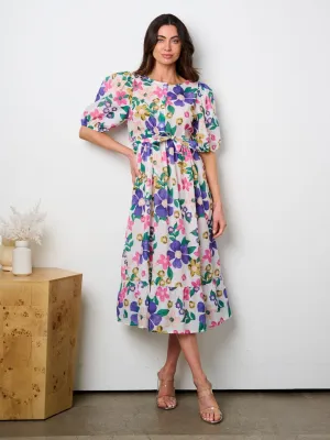 WOMEN'S SHORT PUFF SLEEVE BUTTON UP FLORAL MIDI DRESS