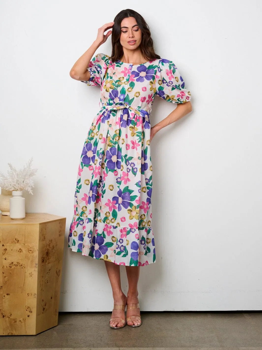 WOMEN'S SHORT PUFF SLEEVE BUTTON UP FLORAL MIDI DRESS