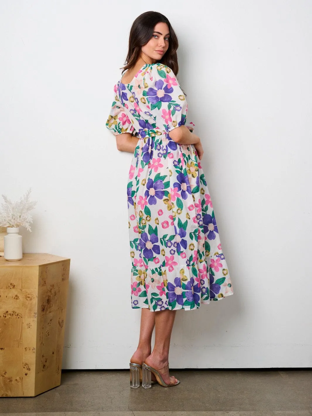 WOMEN'S SHORT PUFF SLEEVE BUTTON UP FLORAL MIDI DRESS