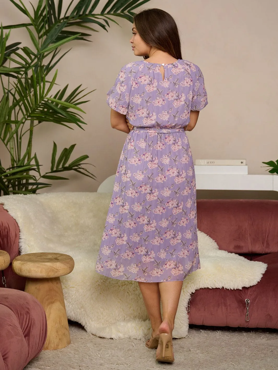 WOMEN'S SHORT PUFF SLEEVE ELASTIC WAIST FLORAL MIDI DRESS