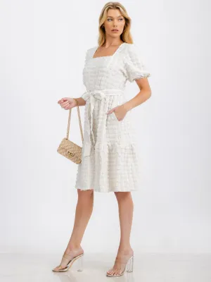 WOMEN'S SHORT PUFF SLEEVE SQUARE NECK TIERED POCKETS MIDI DRESS