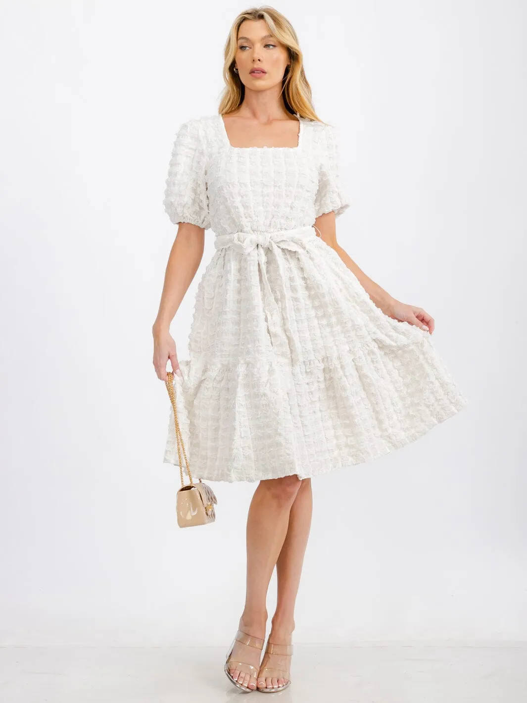 WOMEN'S SHORT PUFF SLEEVE SQUARE NECK TIERED POCKETS MIDI DRESS