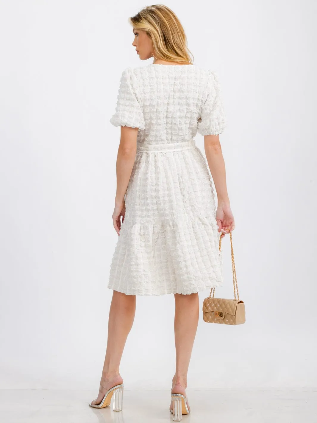 WOMEN'S SHORT PUFF SLEEVE SQUARE NECK TIERED POCKETS MIDI DRESS