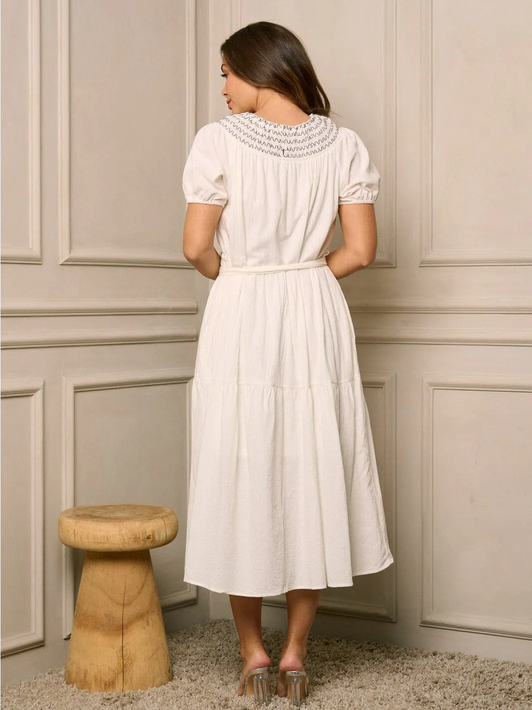 WOMEN'S SHORT PUFF SLEEVE TIERED EMBROIDERY TUNIC MIDI DRESS