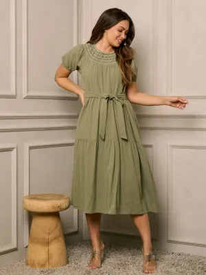 WOMEN'S SHORT PUFF SLEEVE TIERED EMBROIDERY TUNIC MIDI DRESS